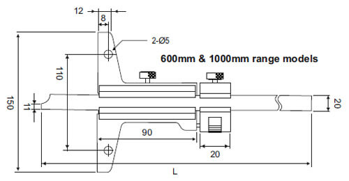 Vernier Depth Calipers upto 600mm & 1000mm range models - SPECIFICATIONS & DIMENSIONS