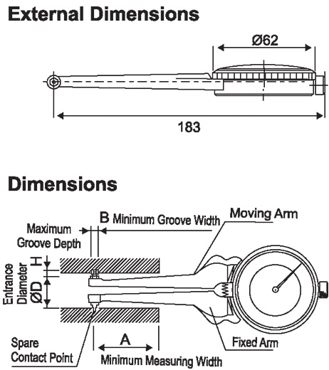 Internal Dial Caliper Gauge - SPECIFICATIONS & DIMENSIONS