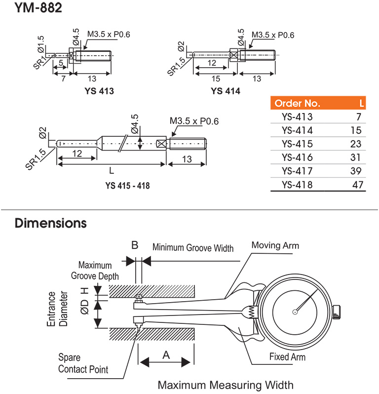 Internal Dial Caliper Gauge - SPECIFICATIONS & DIMENSIONS